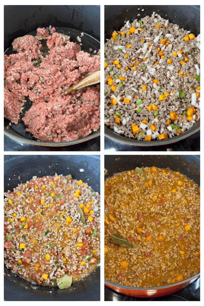 Four steps for preparing the sauce for Greek Spaghetti and Meat Sauce