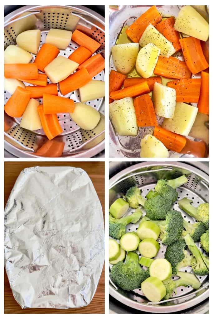 Chopped veggies in a steaming basket