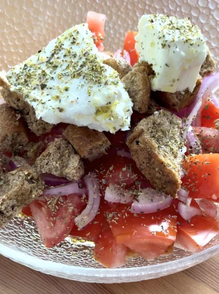 Easy 3 Minute Mediterranean Salad in a glass bowl
